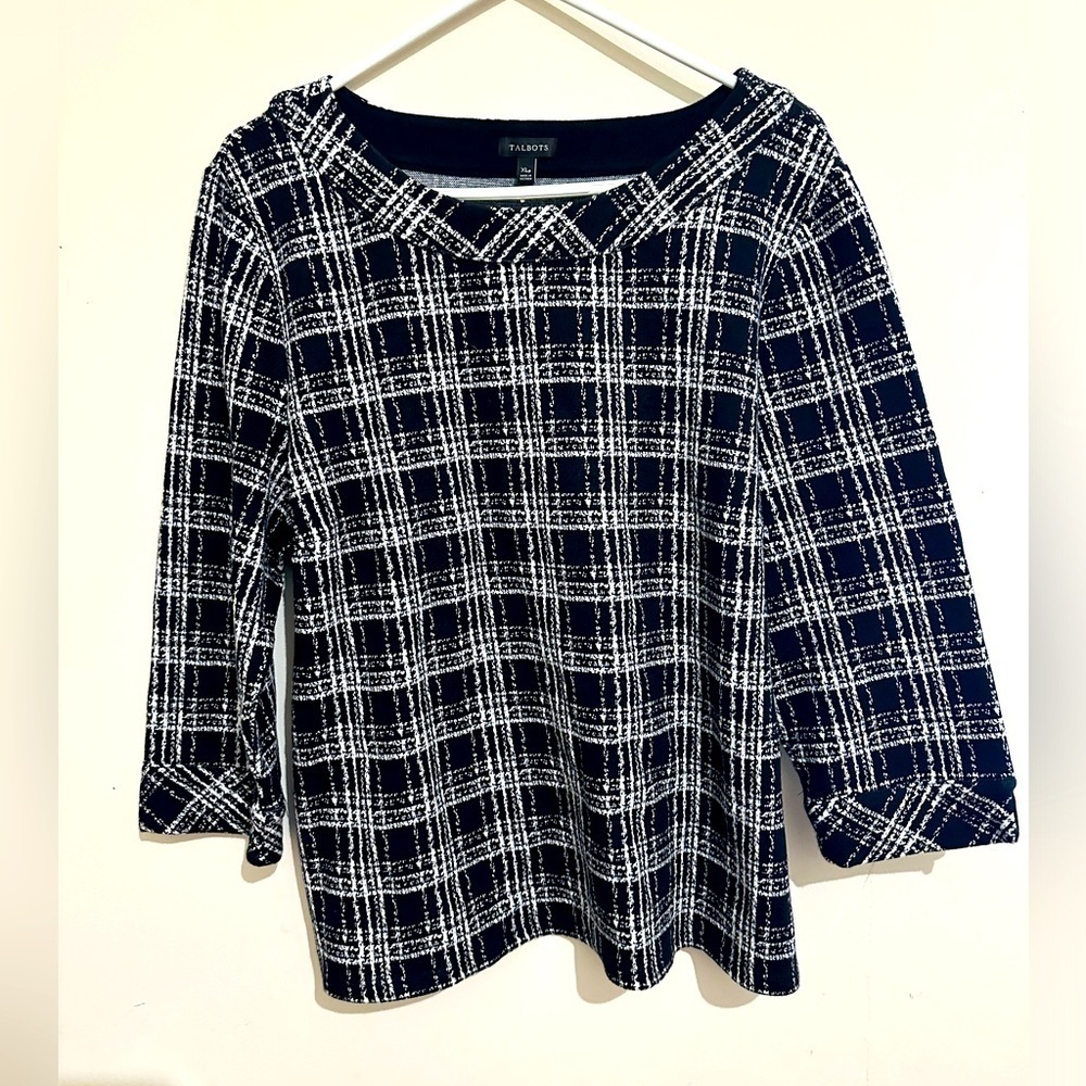 Talbots XL Petite Black White Window Pane Pullover Sweater Blouse